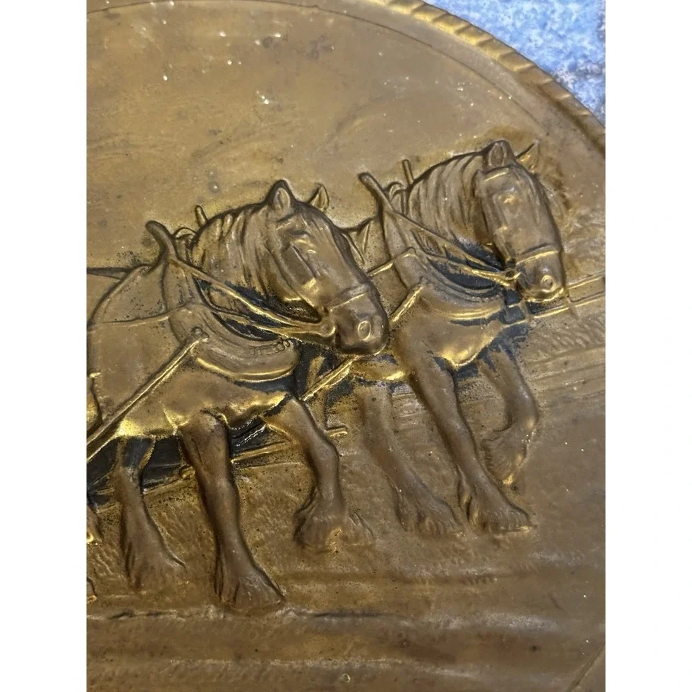 Vintage Embossed Brass Wall Plate Decorative Plate Made in England Horse & Plow